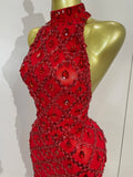 Luxury Sparkly Red Rhinestones Feather Sexy Mesh See Through Long Dress Women Birthday Evening Nightclub DJ Dancer Stage Costume