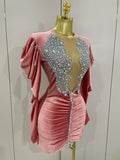Luxury Sparkly Crystals Sexy Mesh White Velvet Short Dress 2025 Women Elegant Evening Prom Birthday Party Dresses Stage Costume