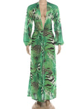 Tiger Stripe Print Long Dress Woman Autumn Trend Deep V-Neck Backless Lantern Sleeve Beach Party Elegant Vestidos
