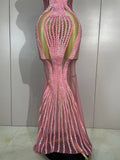 2026 Sexy Sparkly Pink Rhinetones Sequins Strapless Mesh Sheer Long Dress Birthday Evening Celebrate Party Nightclub Stage Wear