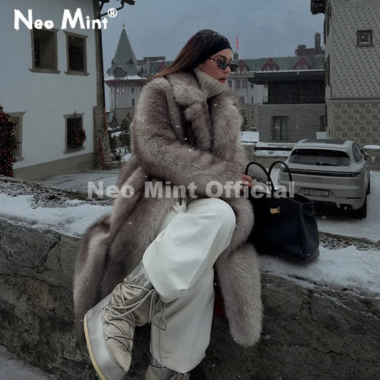 Iconic Girls Brand Fashion Maxi Faux Fur Coat Women Winter 2026 Thick Fluffy Fox Fur Jacket Chic Street Style Overcoats