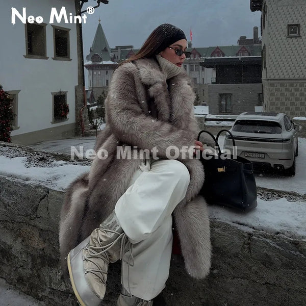 Iconic Girls Brand Fashion Maxi Faux Fur Coat Women Winter 2026 Thick Fluffy Fox Fur Jacket Chic Street Style Overcoats