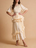 Elegant Chiffon Layered Ruffles Design Dress for Women Short Sleeves Waist Belt Spliced Diamonds Accent for Afternoon Tea
