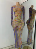 Sexy Colorful Printed Party Dress For Women Long Sleeve Mesh Rhinestones Evening Birthday Celebrity Gala Gown