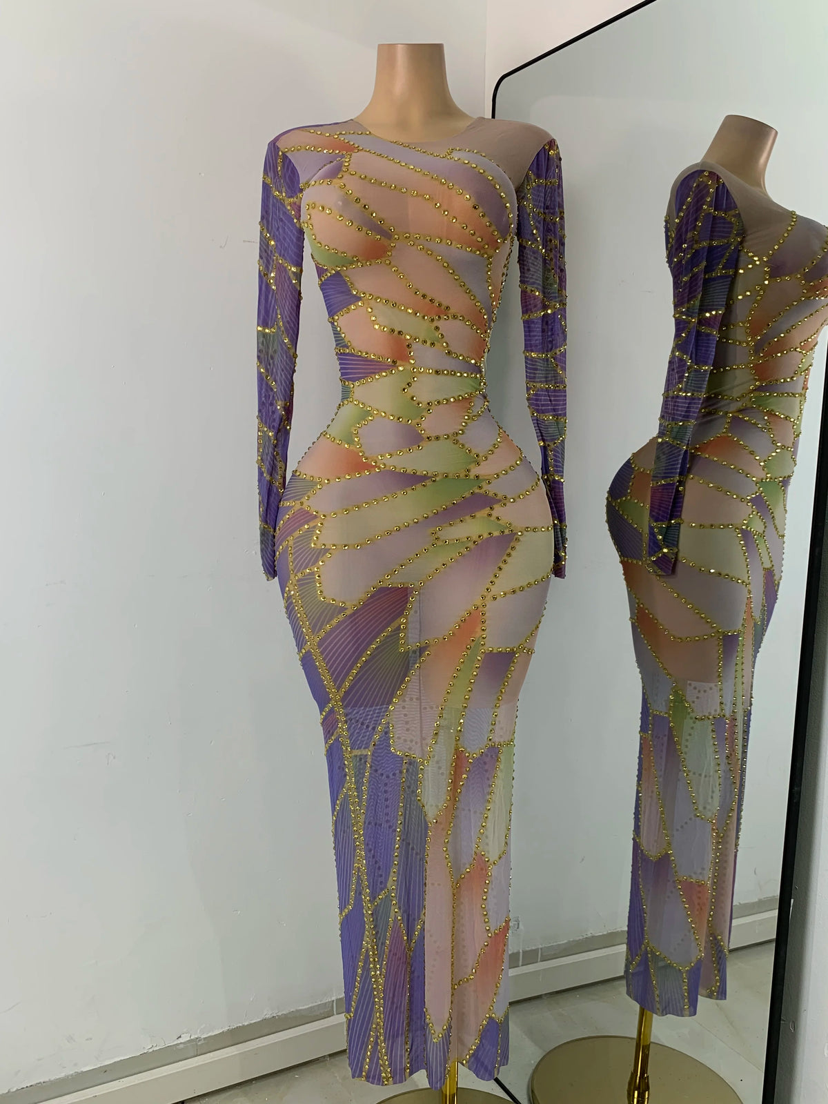 Sexy Colorful Printed Party Dress For Women Long Sleeve Mesh Rhinestones Evening Birthday Celebrity Gala Gown