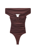 Solid Patchwork Folds Bodysuit for Women V Neck Off The Shoulder Slimming High Waist Sexy Backless Playsuit Female