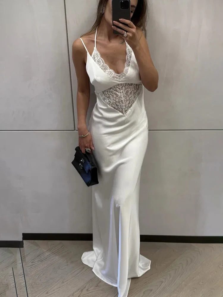 Fashion Lace Dress Women Sexy Sleeveless Hollow Out Backless High-Waisted Patchwork Dress Elegant Luxury Evening Dress