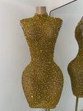 Gold Party Evening Short Dress Sparkly Diamonds Luxury Elegant Mesh See Throught Cocktail Birthday Clothing Night Club Show Wear