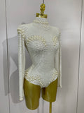 Luxury White Full Pearl Long Sleeved Stretch Bodysuit Women Birthday Evening Party Celebrate DJ Performance Nightclub Stage Wear