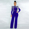 Women's Sheer Diamonds Tassel Jumpsuit See-through High Collar Hot Diamond Shoulder Padded Long Sleeved Party Jumpsuit