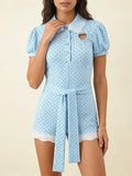 Elegant Sweet Blue Polka Dot Playsuit for Women Puff Sleeve Cutout Design Lace Trim Slimming Playsuits for Vacation