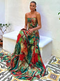 Lady Printed Strapless Dress Elegant Fashionable Colorful Waist Pleated Long Gowns Women Summer New Vacation Party Robes 2025
