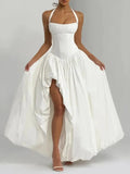 Solid Hotsweet Party Dress for Women Halter Neck Sleeveless Tunic Backless Slit Luxurious Puff Dresses Female New