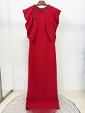 Women'S Formal Dinner Party Evening Gowns Elegant Red Diamond Shawl Sleeve Design Long Slim Fit Dress