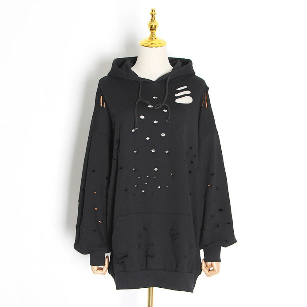Solid Hollow Out Casual Sweatshirt For Women Hooded Long Sleeve Minimalist Loose Sweatshirts Female Fashion Clothing Style