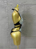 Gold Luxurious Black Bodysuit Women Sexy Halter Neck Iridescent Crystal Embellished Cutout Outfit Stage Performance Costume