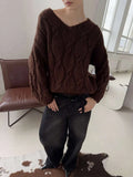 Women's Cable Knit Sweater V Neck Long Sleeve Oversized Loose Chunky Twist Pullover Tops Casual Autumn Retro Commute Top