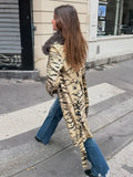 Women Vintage Tiger Print Long Coat Large Fluffy Fur Collar Waist Tie Belted Wrap Coat 2026 Winter Fashion Elegant Outerwear