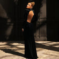 Sexy Backless Long Dress For Women Turtleneck Evening Party Ruched Dress Elegant Solid Long Sleeve Streetwear Maxi Dress
