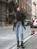 Women's Motorcycle Leather PU Imitation Leather Loose Jacket Black Jacket