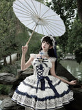 Olivegirl Lolita Dresses New Chinese Style Flower Print Lace Patchwork Sweet Bow Appliques Short Spaghetti Strap Dresses
