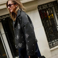 Solid Spliced Diamonds Loose Jackets for Women Stand Neck Long Sleeve Patchwork Pockets Coat Female New