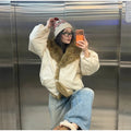 Vintage Faux Fur Trim Puffer Jacket Women Big Furry Collar Oversized Bubble Sleeve Warm Winter Coat Lady Winter Outerwear 2026
