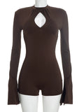 Weird Puss Hollow Playsuit Women Puff Sleeve o-Neck Skinny Solid High Elasticity Simple Classic Sexy Midnight Fashion Romper