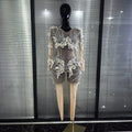 Sparkly Silver Diamond 3D Butterfly Sheer See Through Bodycon Jumpsuit Eveing Party Birthday Bar Nightclub Sexy Stage Costumes