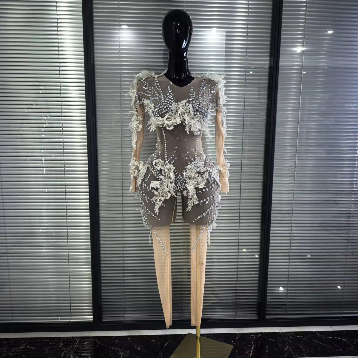 Sparkly Silver Diamond 3D Butterfly Sheer See Through Bodycon Jumpsuit Eveing Party Birthday Bar Nightclub Sexy Stage Costumes