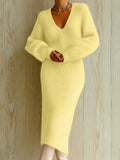 Women Knit Midi Dresses V Neck Bubble Sleeve Fuzzy Bodycon Elegant Party Daily Outfit Autumn 2026