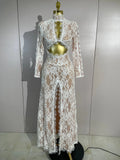 Women Long Sleeve Evening Party Club Bar Birthday Celebrity Gowns Sexy White Lace High Neck Hollow Out Design Bodycon Long Dress