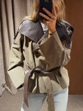 Grey Contrast Cropped Trench Coat Women Lapel Double Breasted Jacket Lady Autumn Winter Daily Lady Streetwear Outerwear 2026 New