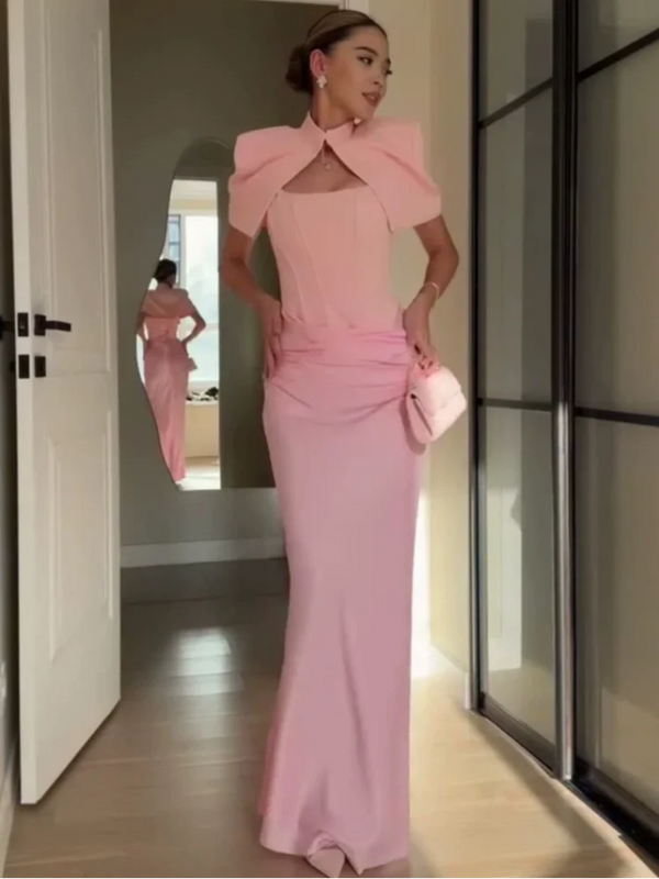 Satin Mermaid Maxi Dress Women Shoulder Pad Cutout Stand Collar Ruched Bodycon Evening Gown Wedding Prom New Hot Luxe Gowns 2026