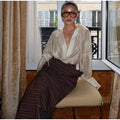 Fashion Women's See Through Blouse Long Skirt Set Lapel Deep V-neck Full Sleeve Lace Up Shirt Stripe Irregular Skirts 2026 Suit
