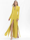 2026 Autumn New Fashion Petal Slit Design Slim V-Neck Long Dress Women'S Long Sleeved Elegant Dinner Party Evening Gown