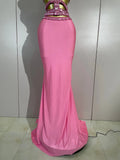Luxury Birthday Evening Party Set Sparkly Rhinestone Pink Sexy Sleeveless Long Dress Two Pieces Nightclub Party Club Stage Wear