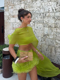 Lime Two Piece Set Long Flowing Cape Crop Top Feather Trim High Waist Mini Skirt 2026 Summer Party Lady Chic Outfit