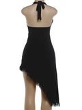 Sexy Tassel Patchwork Dress Women Fashion Halter Bandages Irregular Hem Deep V-Neck Simple Elegant Party Club Bodycon