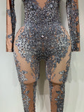Sparkly Rhinestones Jumpsuit Fashion Sexy Stretch Dance Costume Nightclub Bodysuit Birthday Outfit Evening Party Leggings