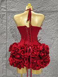 Red Color Women Sexy Halter Full Florals 2 Pieces Bodycon Mini Bandage Dress Celebrate Nightclub Party Birthday Dress