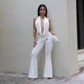 Women's Ruched Pant Set Brown Halter Crop Top And Flared Trouser Two-Piece Set Elegant V-neck Design Cut-Out Club Outfits