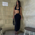 Women 2 Piece Set Sexy Halter Sleeveless Triangle Bra Crop Top Hollow Maxi Skirt Set Slim Knit Summer Beach Vacation Set