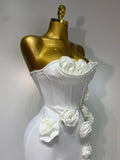 Women Sexy Bodycon Dress Fashion White Elegant Strapless Flower Slim Dress Casual Streetwear Club Birthday Party Dresses