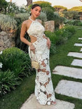 Sexy Hollow-out Crochet Dress Women Fashion Solid Sleeveless Backless Halter Maxi Dresses 2026 Summer Lady Vacation Lace Robe