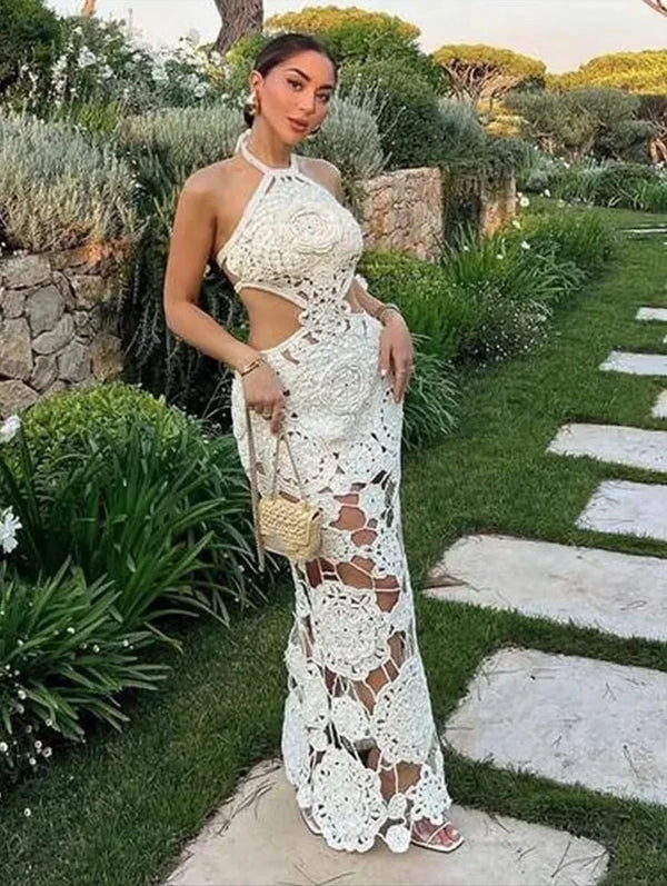 Sexy Hollow-out Crochet Dress Women Fashion Solid Sleeveless Backless Halter Maxi Dresses 2026 Summer Lady Vacation Lace Robe