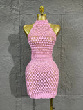 Pink Halter Neck 3D Scale Shell Sequin Mesh MiniDress Women Sheer Bodycon Short Dress For Club Night Out Cocktail Party