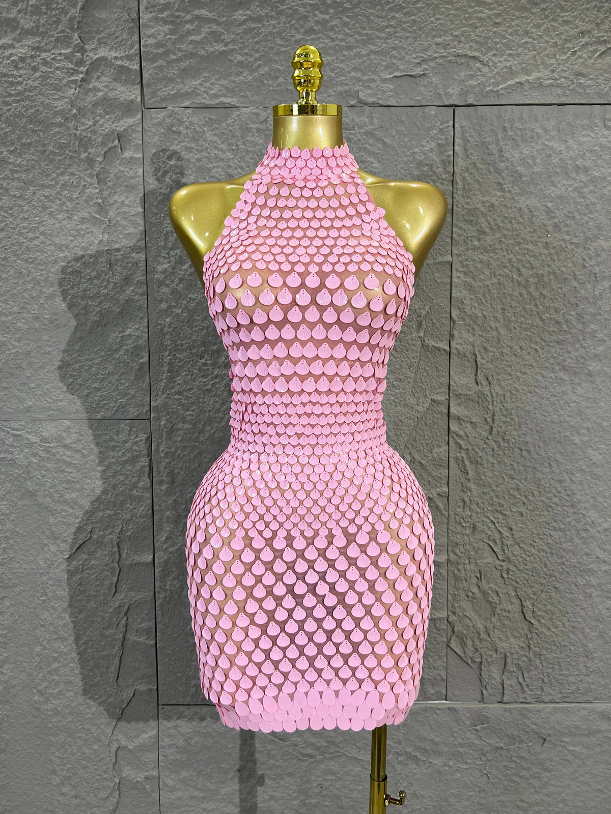 Pink Halter Neck 3D Scale Shell Sequin Mesh MiniDress Women Sheer Bodycon Short Dress For Club Night Out Cocktail Party