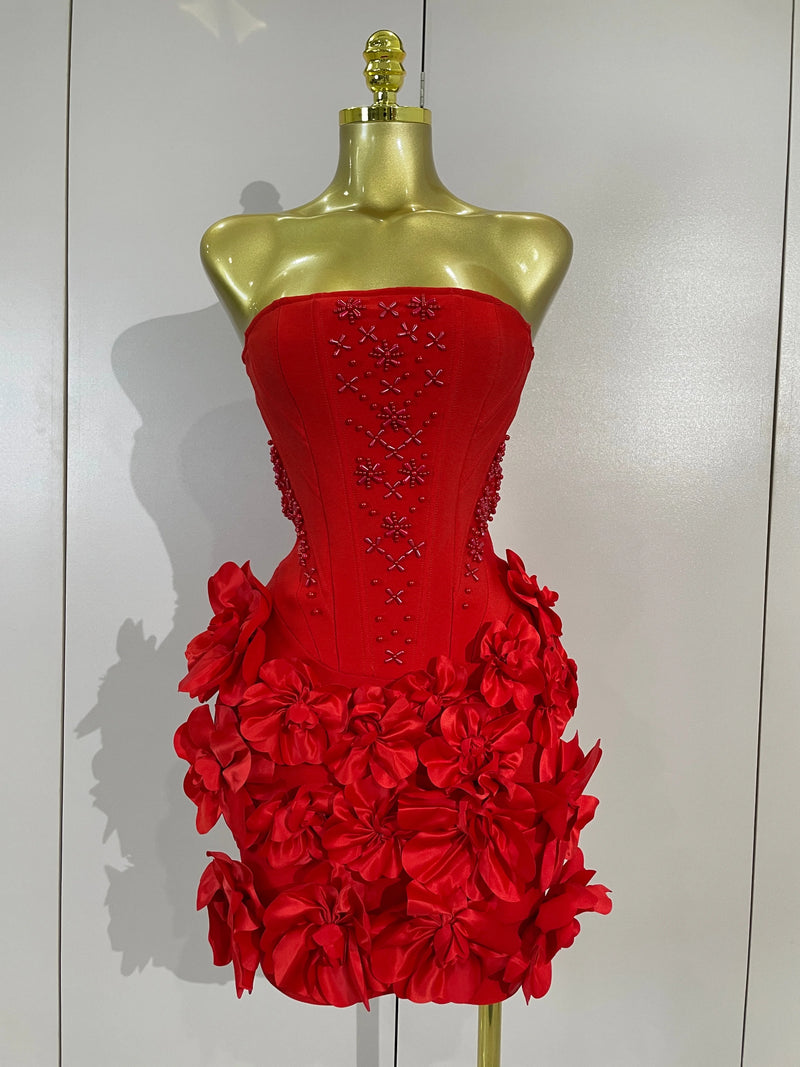 Elegant Cute Pearl Beaded Flower Sexy Strapless Bodycon Mini Bandage Dress Celebrate Eveing Party Birthday Cocktail Wedding Wear