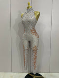 Luxury Stage Outfit Women Celebrate Evening Birthday Party Nightclub Dance Sexy Sparkly Rhinestones Sleeveless Sheath Jumpsuit